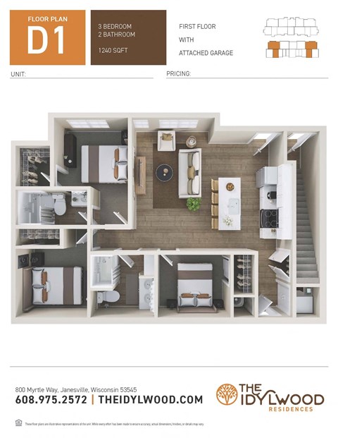 Floor plan for 3 beds, 2 baths, 1240 sqft
